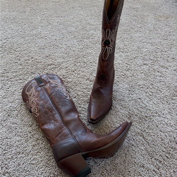 Shoes - Tall Brown Leather Western Boots with Embroidery